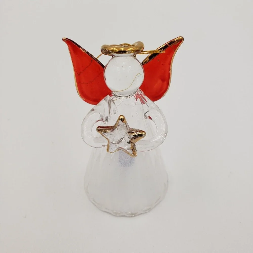 Vintage Glass Angel Ornament Clear Iridescent Body Red & Gold Wings 2.5